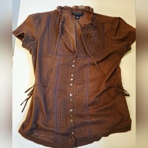 Banana Republic Brown Button-Front Pintuck Tie Blouse